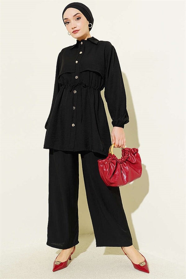 2 Piece Set with Tunnel Waist and Shirt Collar, Black