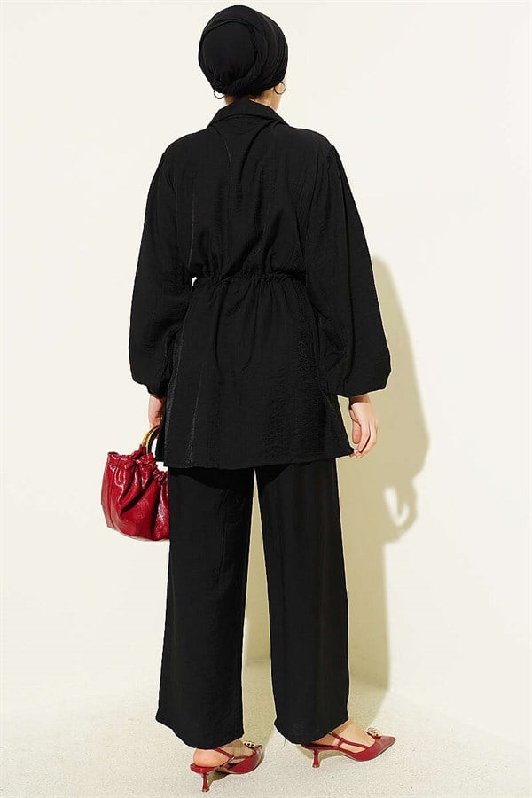 2 Piece Set with Tunnel Waist and Shirt Collar, Black