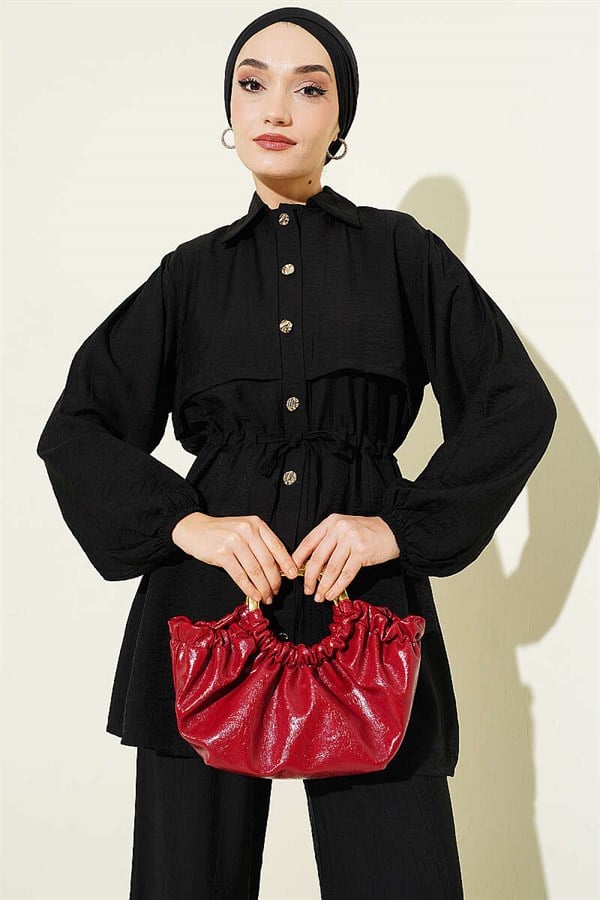 2 Piece Set with Tunnel Waist and Shirt Collar, Black