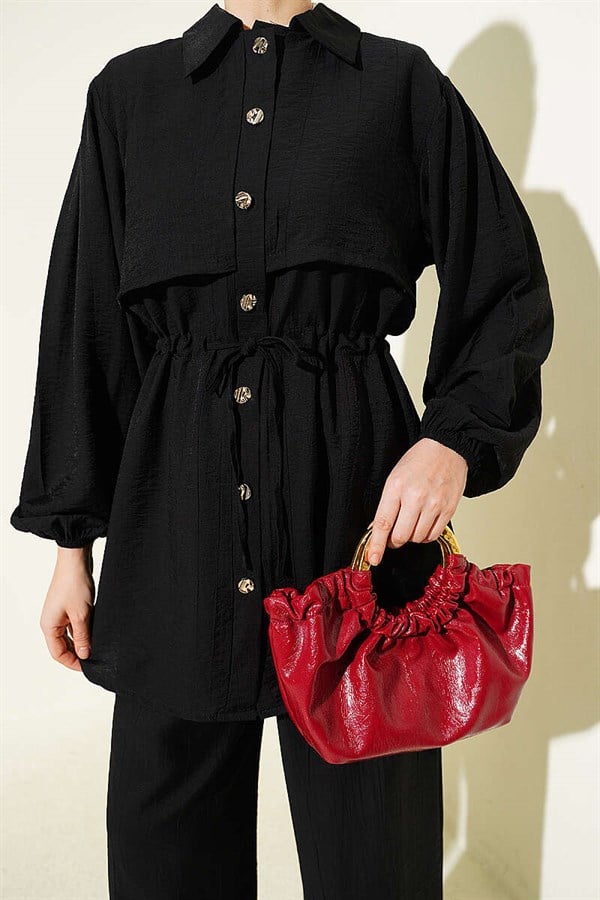 2 Piece Set with Tunnel Waist and Shirt Collar, Black