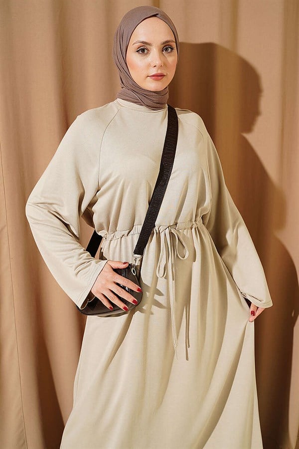 Loose-fitting Loisha Dress with Tunnel Waist, Beige