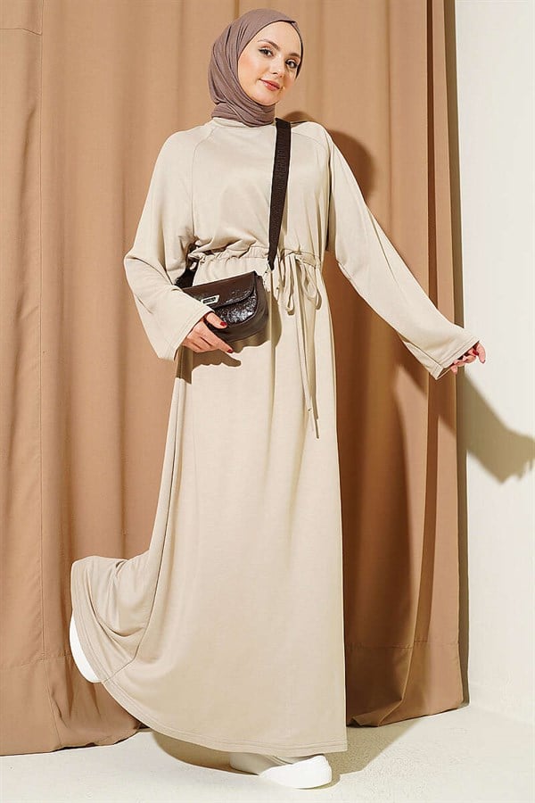 Loose-fitting Loisha Dress with Tunnel Waist, Beige