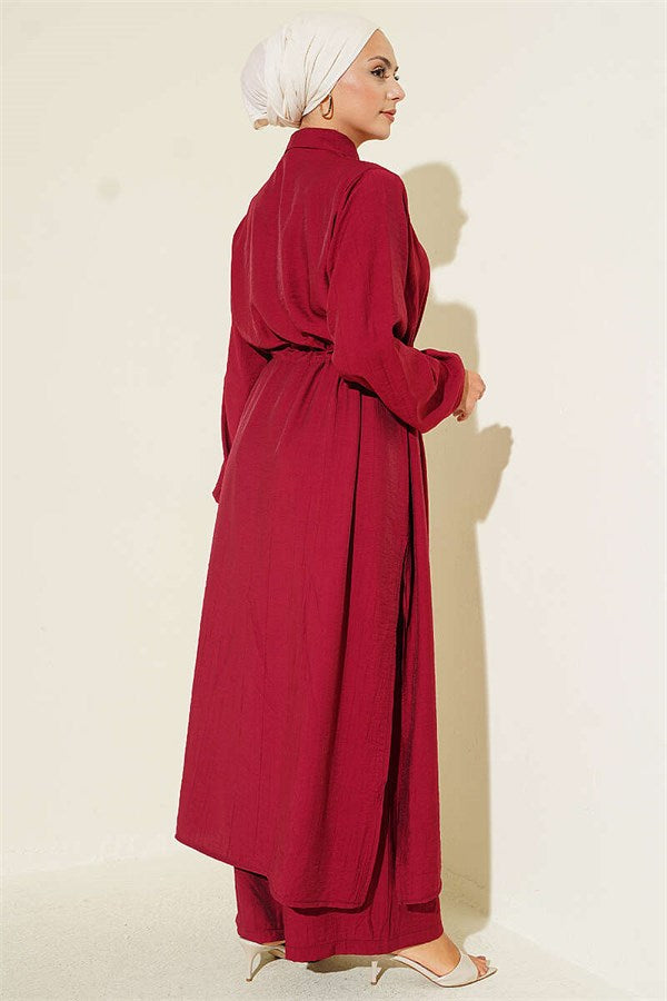 2 Piece Set with long tunic and tunnel waist, burgundy.