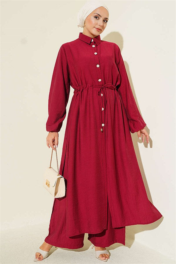2 Piece Set with long tunic and tunnel waist, burgundy.