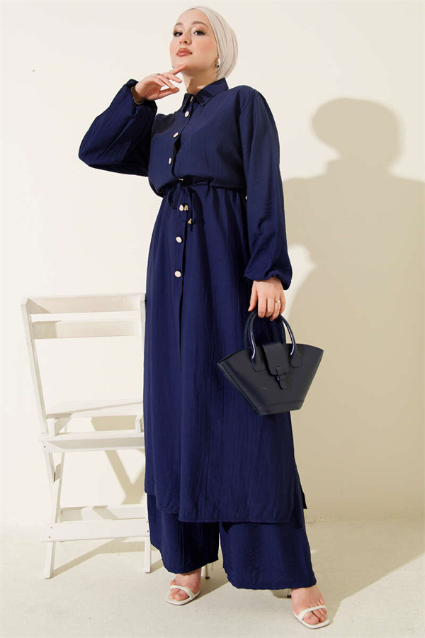 2 Piece Set with long tunic and tunnel waist, navy blue.