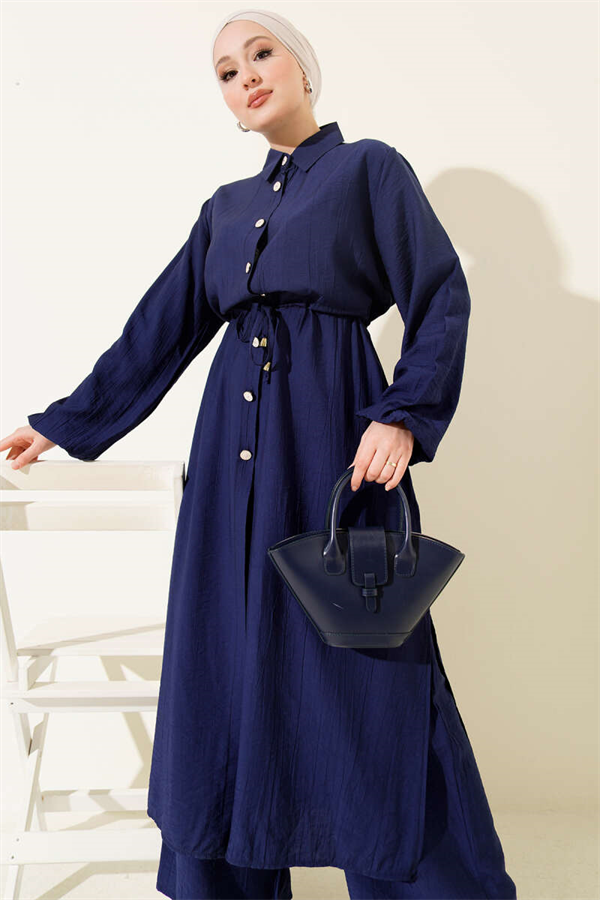 2 Piece Set with long tunic and tunnel waist, navy blue.