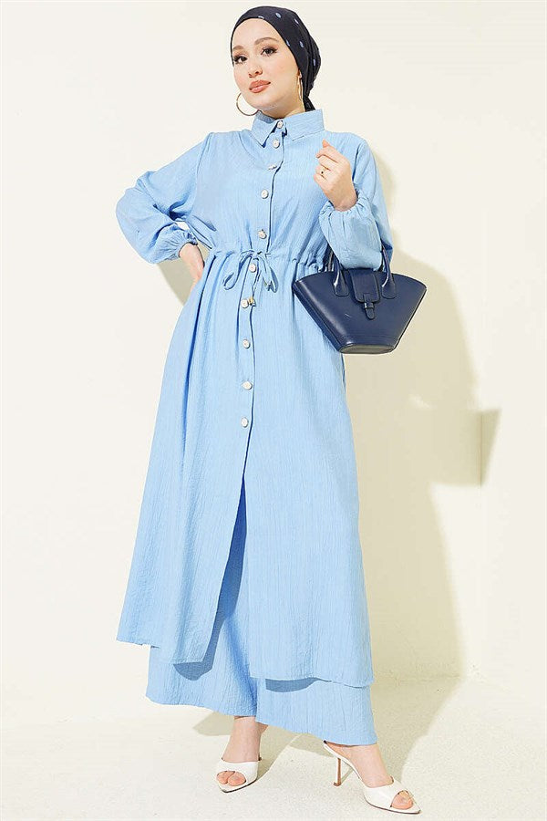 2 Piece Set with Long Tunic and Tunic, Blue, with Tunic Waistband