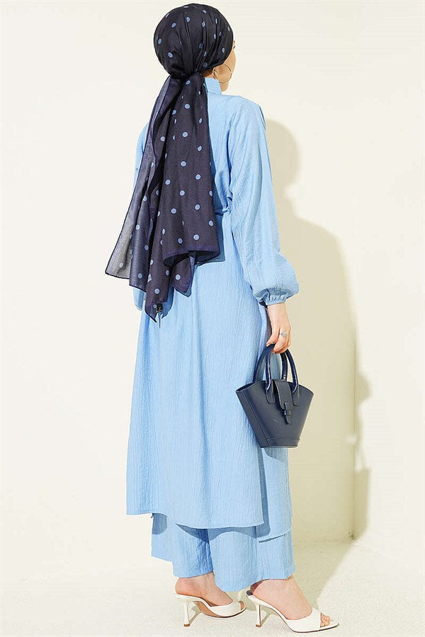 2 Piece Set with Long Tunic and Tunic, Blue, with Tunic Waistband
