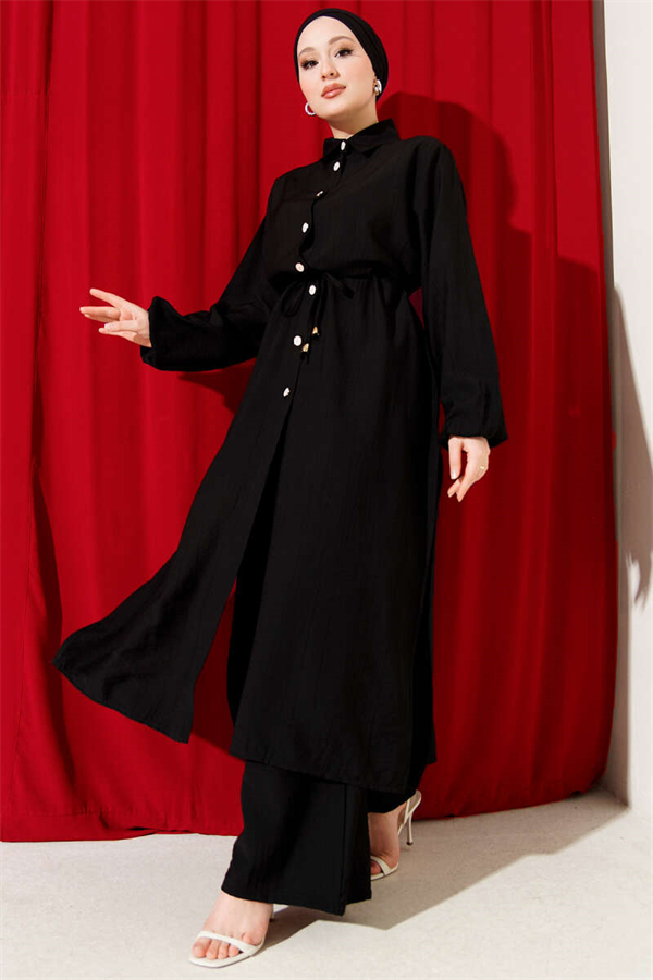 2 Piece Set with Long Tunic and Tunic, Black, with Tunic Waistband