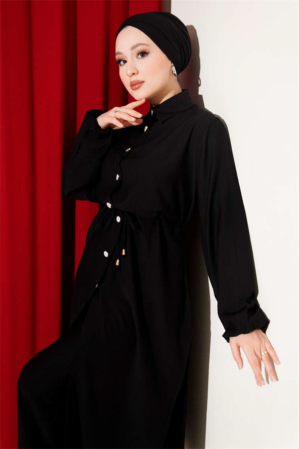 2 Piece Set with Long Tunic and Tunic, Black, with Tunic Waistband