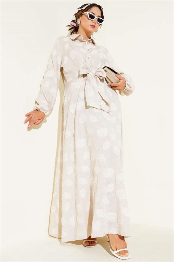 Polka Dot Half Button Dress Beige