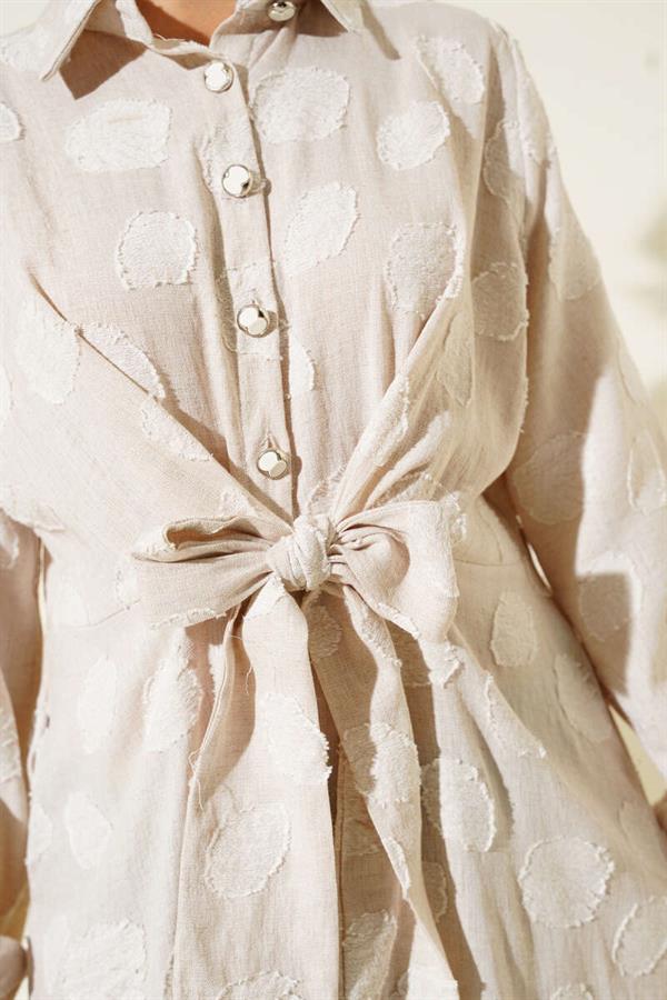 Polka Dot Half Button Dress Beige