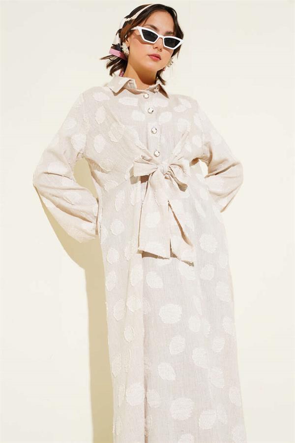 Polka Dot Half Button Dress Beige