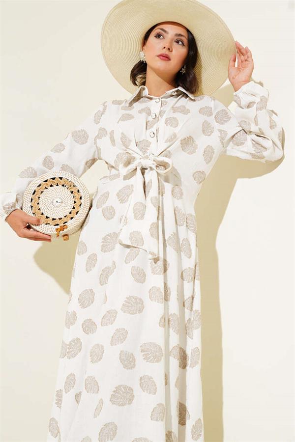 Polka Dot Half Button Dress Ecru