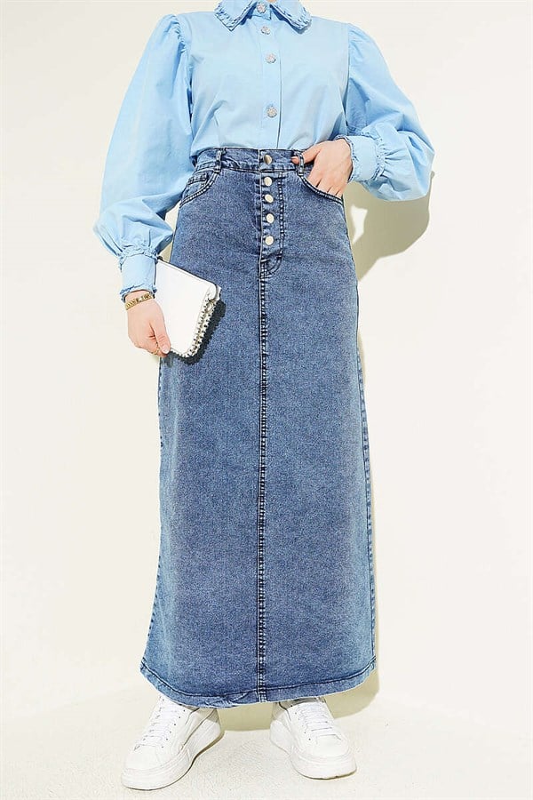 Five-Button Denim Skirt Blue Snow