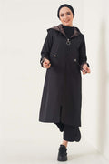 Black Leopard Trench Coat with Ankle Stripes and Hood