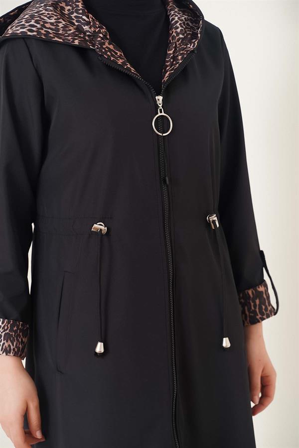 Black Leopard Trench Coat with Ankle Stripes and Hood