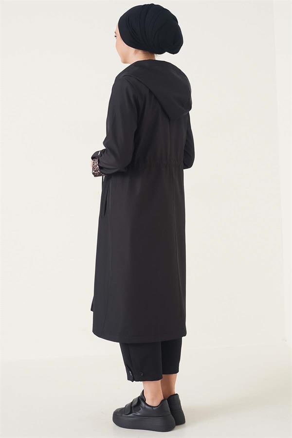 Black Leopard Trench Coat with Ankle Stripes and Hood