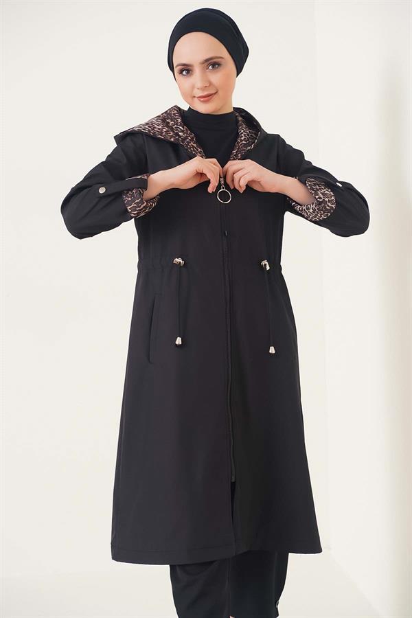 Black Leopard Trench Coat with Ankle Stripes and Hood