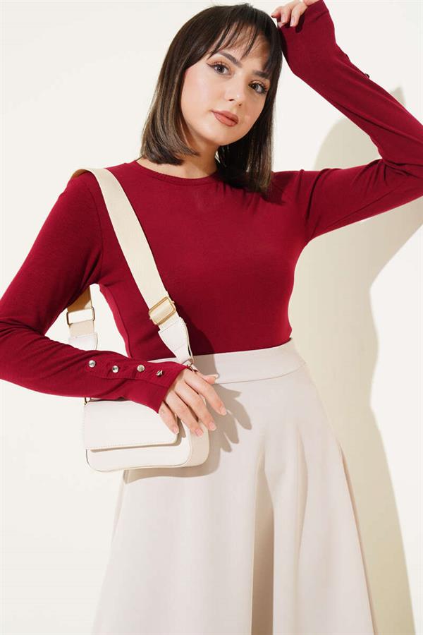 Bodysuit with Metal Buttons on the Ankle, Claret Red