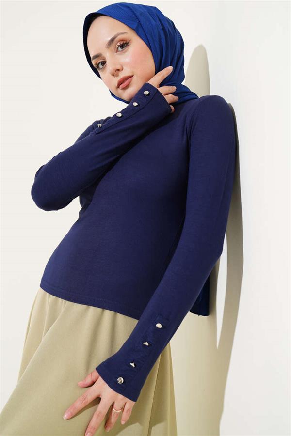 Bodysuit with Metal Buttons on the Ankle Navy Blue