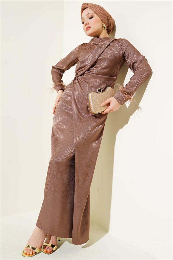 Jacquard Dress with Tulle Detail on the Ankle Brown