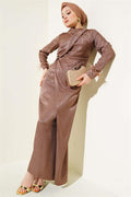 Jacquard Dress with Tulle Detail on the Ankle Brown