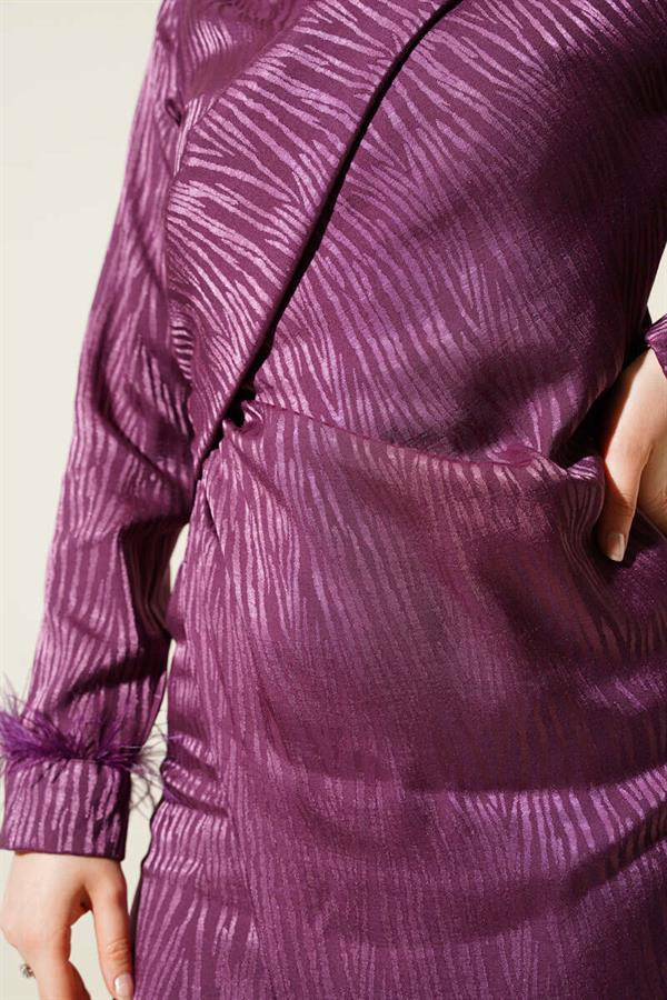 Jacquard Dress with Tulle Detail on the Wrist Magenta