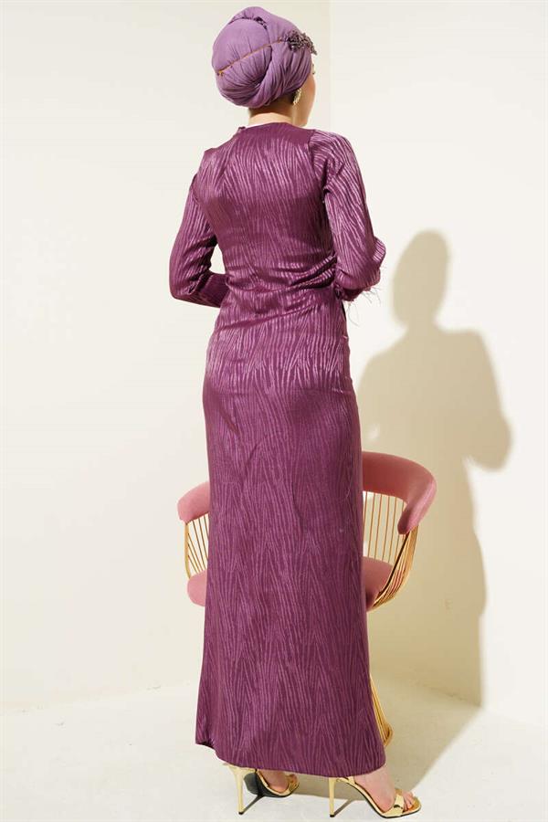 Jacquard Dress with Tulle Detail on the Wrist Magenta