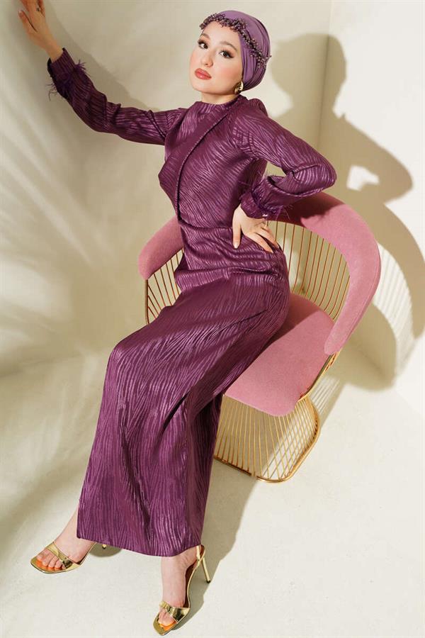 Jacquard Dress with Tulle Detail on the Wrist Magenta