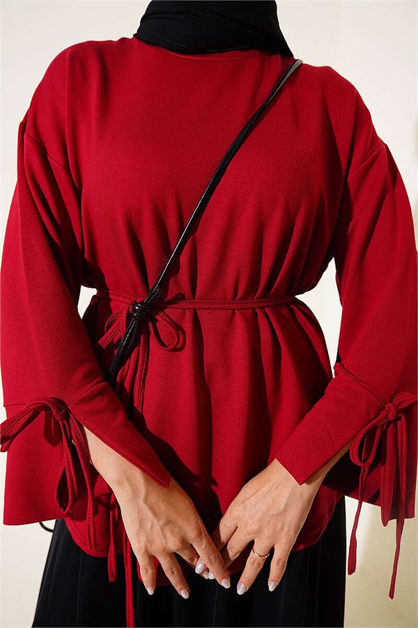 Loisha Tunic with Ankle Slit and Drawstring, Burgundy