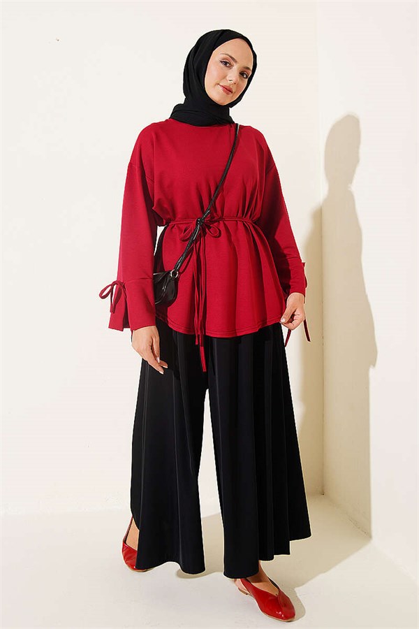 Loisha Tunic with Ankle Slit and Drawstring, Burgundy