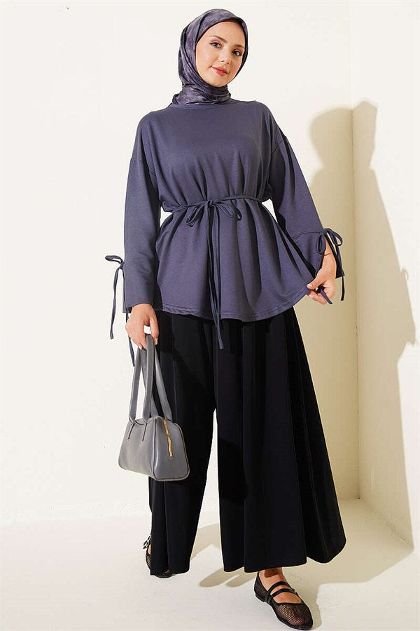 Loisha Tunic with Ankle Slit and Drawstring, Smoke Grey
