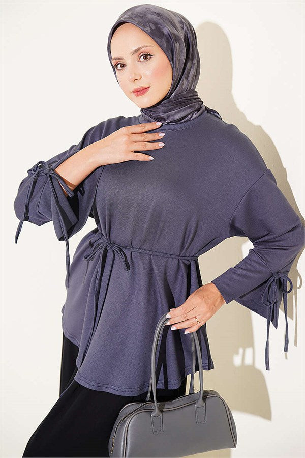 Loisha Tunic with Ankle Slit and Drawstring, Smoke Grey