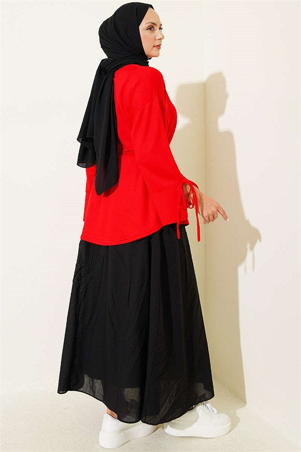 Loisha Tunic with Ankle Slit and Drawstring, Red