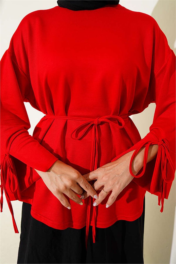 Loisha Tunic with Ankle Slit and Drawstring, Red