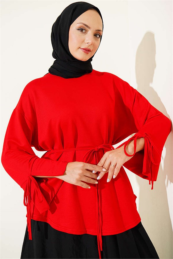Loisha Tunic with Ankle Slit and Drawstring, Red