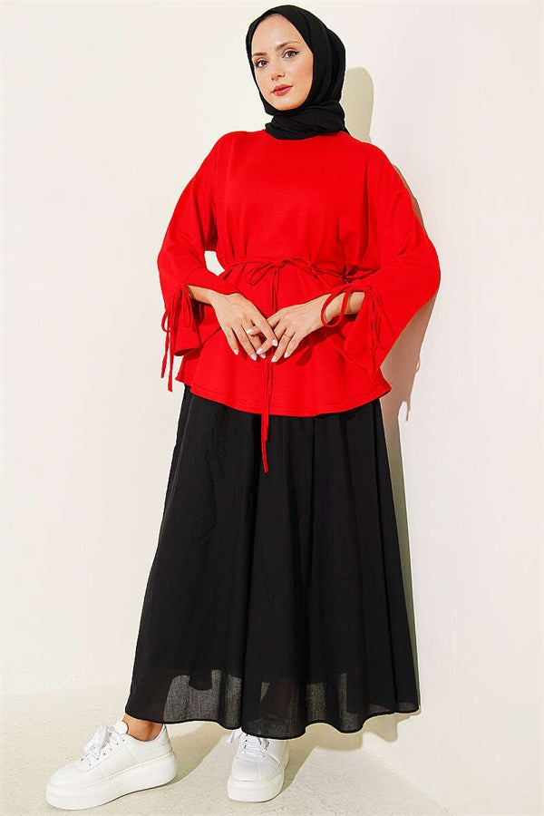 Loisha Tunic with Ankle Slit and Drawstring, Red