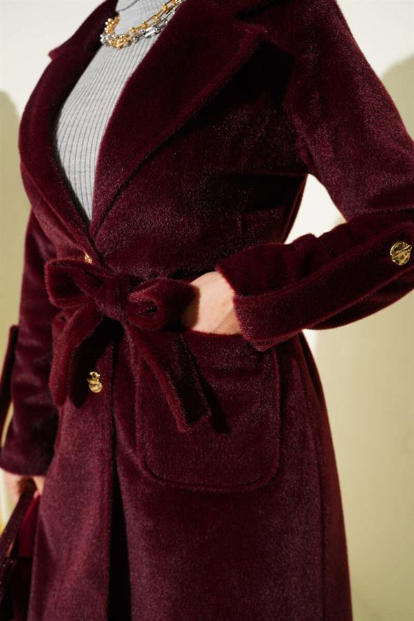 Belted Colt Feather Coat with Wrist Epaulets and Claret Red