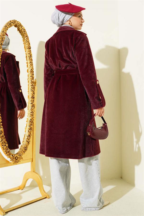 Belted Colt Feather Coat with Wrist Epaulets and Claret Red