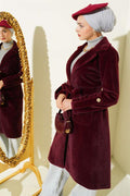 Belted Colt Feather Coat with Wrist Epaulets and Claret Red