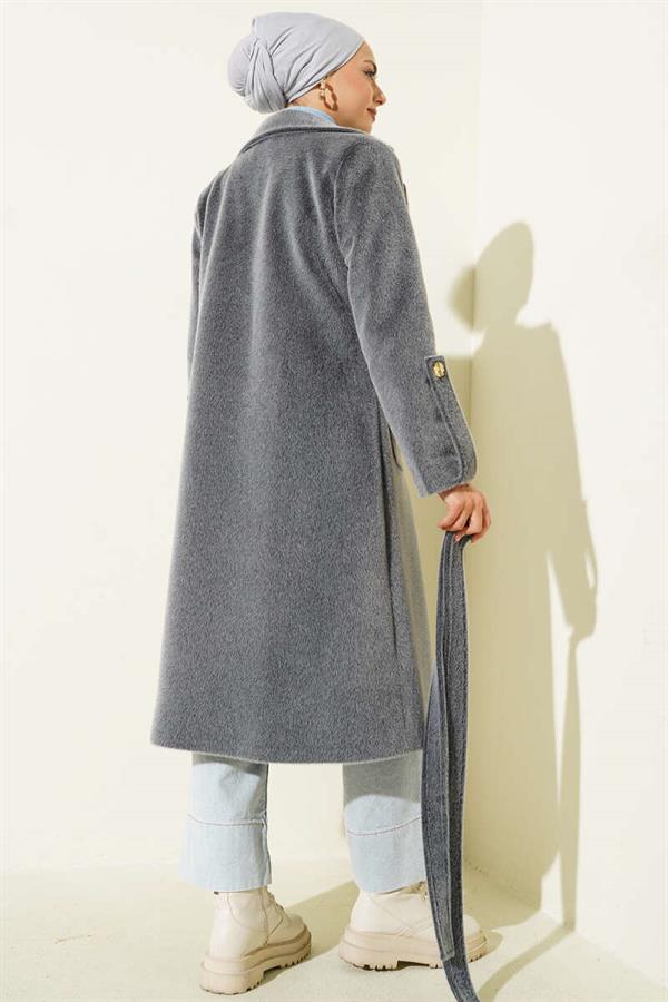 Belted Thai Feather Coat with Wrist Epaulets, Smoke Color