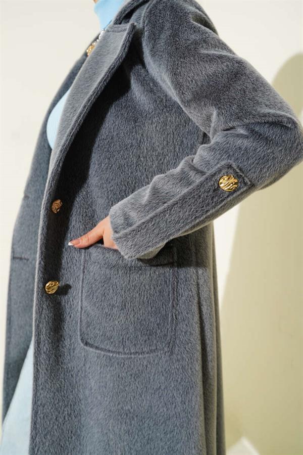 Belted Thai Feather Coat with Wrist Epaulets, Smoke Color