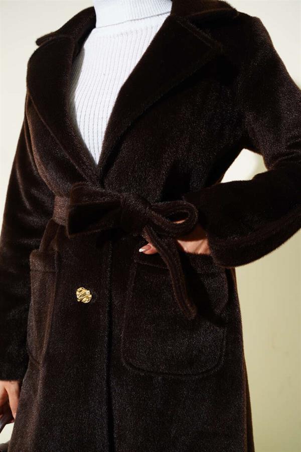 Belted Thai Feather Coat with Wrist Epaulets and Brown