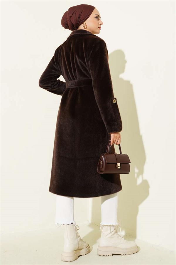 Belted Thai Feather Coat with Wrist Epaulets and Brown
