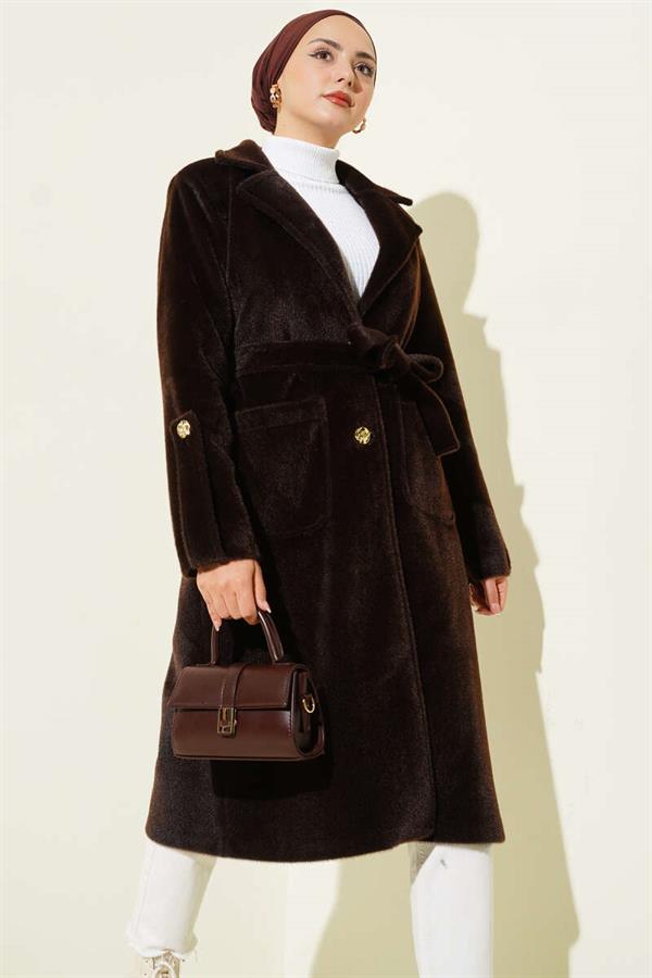 Belted Thai Feather Coat with Wrist Epaulets and Brown