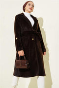 Belted Thai Feather Coat with Wrist Epaulets and Brown