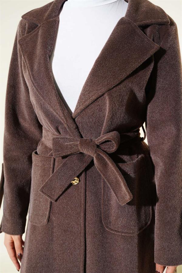 Belted Colt Feather Coat with Wrist Epaulets and Chestnut