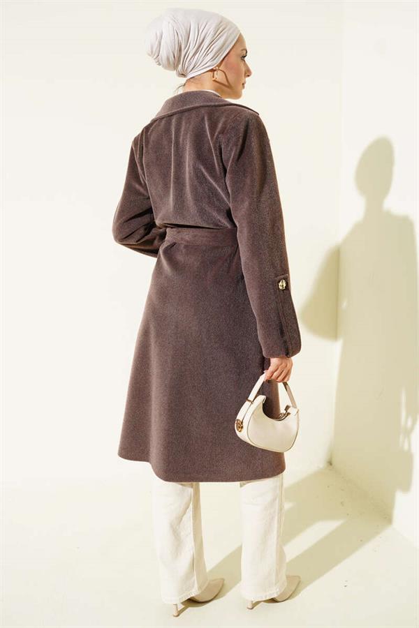 Belted Colt Feather Coat with Wrist Epaulets and Chestnut