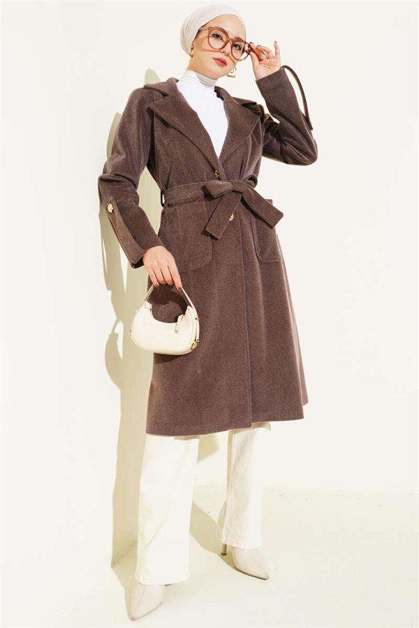 Belted Colt Feather Coat with Wrist Epaulets and Chestnut